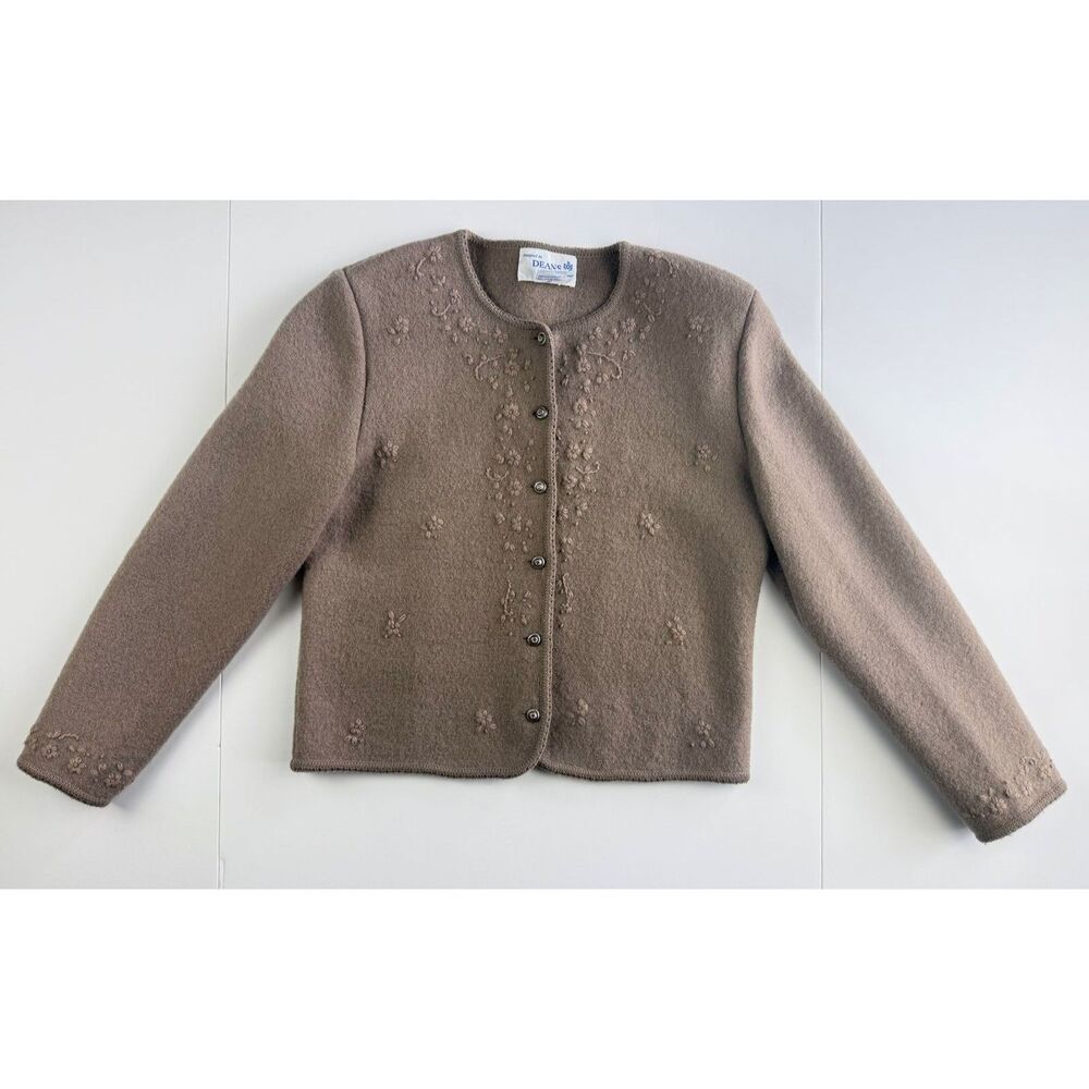 Vintage Deans of Scotland Taupe Boiled Wool Embroidered Floral Cardigan Size S